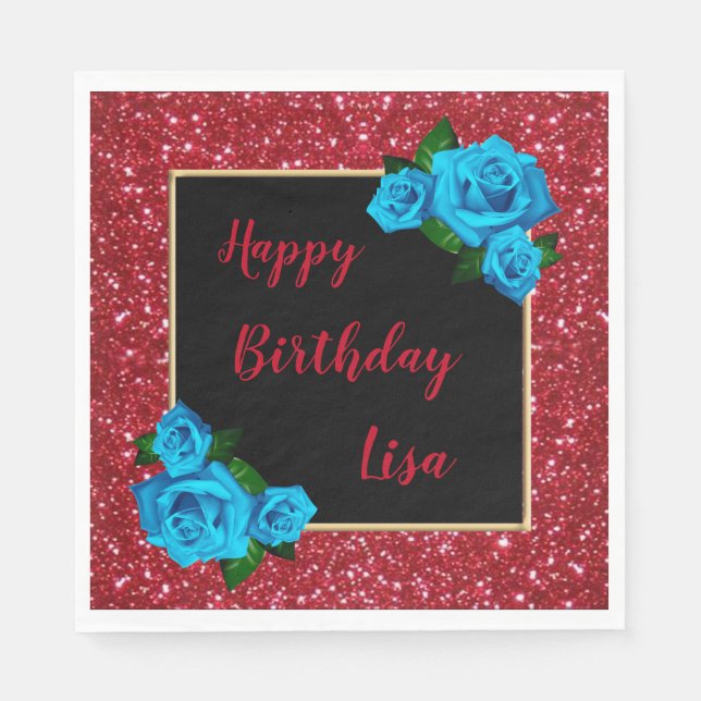 Eleganter Chic Red Glitzer Blaue Rose Geburtstag Serviette (Vorderseite)