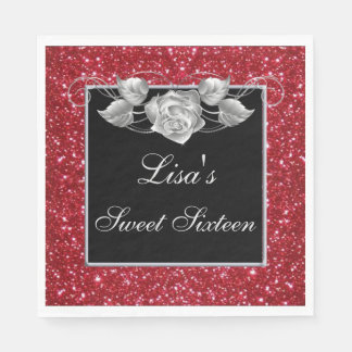 Eleganter Chic Red Glitzer Silver Rose Sweet 16 Serviette
