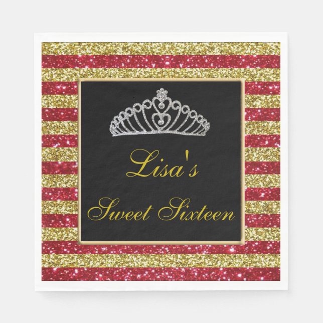Eleganter Chic Red Gold Glitzer Tiara Sweet 16 Serviette (Vorderseite)
