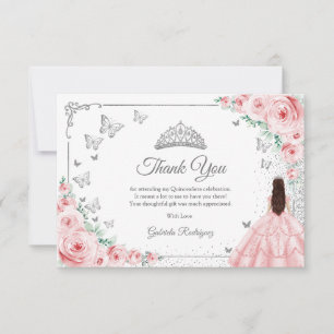 Eleganter Chic Rosa Rosen Silber Quinceanera Dankeskarte