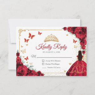 Eleganter Chic roter Rosen Gold Quinceanera-Antwor RSVP Karte