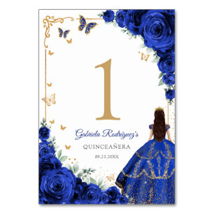 Eleganter Chic Royalblauer Rosen Gold Quinceanera Tischnummer