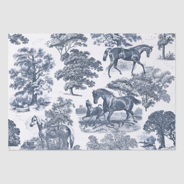 Eleganter Chic Rustic Horses Blue White Toile Seidenpapier (Vorderseite)