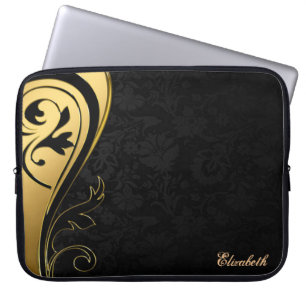 Eleganter Chic schwarzer Damast, Goldstrudel-Perso Laptopschutzhülle