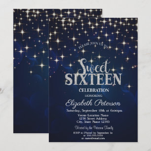 Eleganter Chic silberne Sterne Marineblau Sweet 16 Einladung