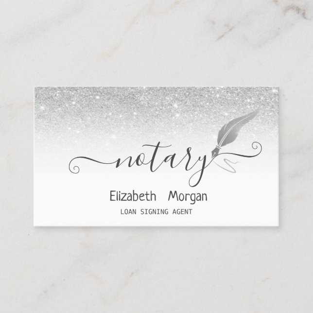 Eleganter Chic Silver Feather Notary Glitzer Visitenkarte (Vorderseite)