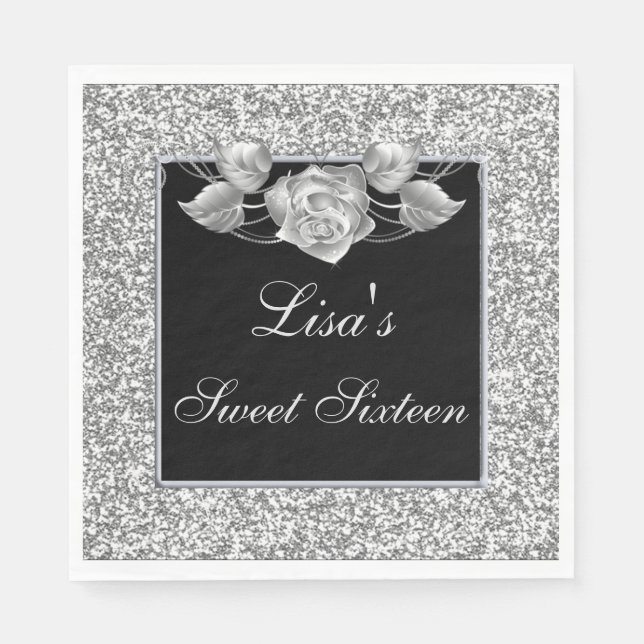 Eleganter Chic Silver Glitzer Silver Rose Sweet 16 Serviette (Vorderseite)