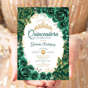 Eleganter Chic Smaragdgrüner Goldener Floraler Qui Einladung
