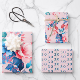 Eleganter Chic Watercolor Floral 30. Geburtstagsro Geschenkpapier Set