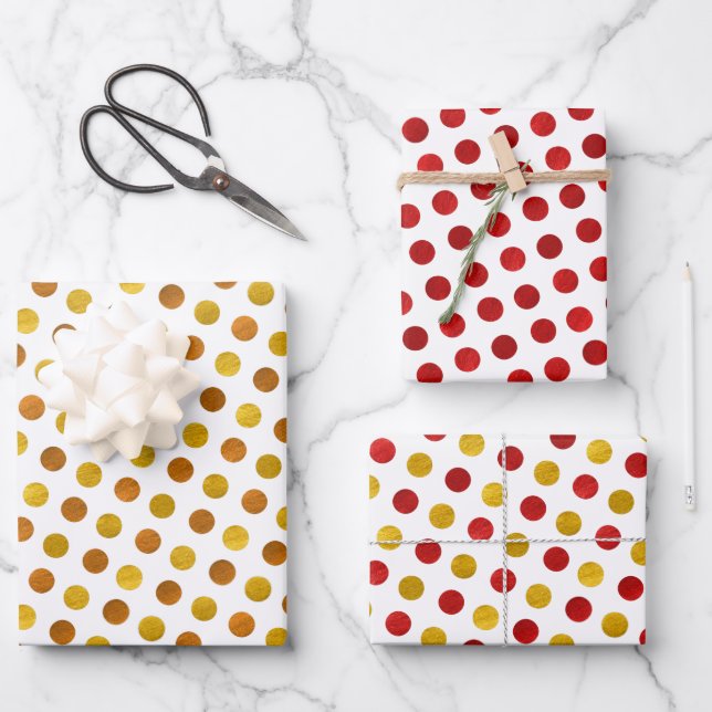 Eleganter Chic White Gold Red Polka Dots Modern Xm Geschenkpapier Set (Vorderseite)