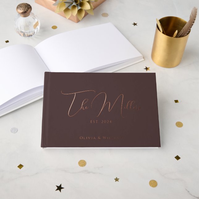 Eleganter Chic Woody Brown & Rose Gold Wedding Foi Gästebuch (Vorderseite Offen)