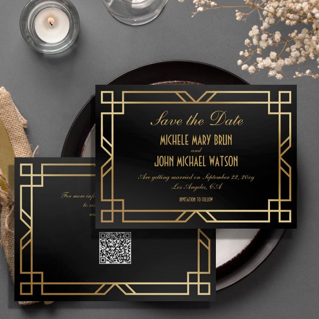 Eleganter Classic Black Gold QR Code Save the Date Einladung (Von Creator hochgeladen)
