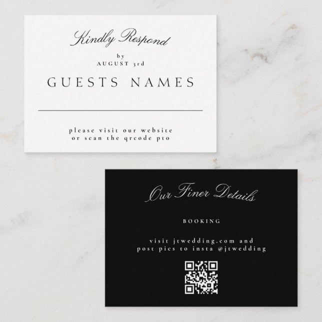 Eleganter Classic Black & White Wedding QR CODE UA Mitteilungskarte (Vorne/Hinten)