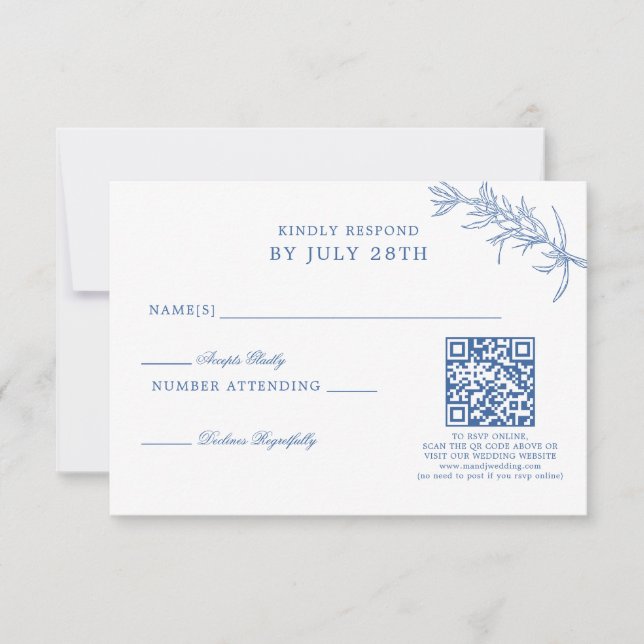 Eleganter Classic Blue Floral Wedding QR Code RSVP Karte (Vorderseite)