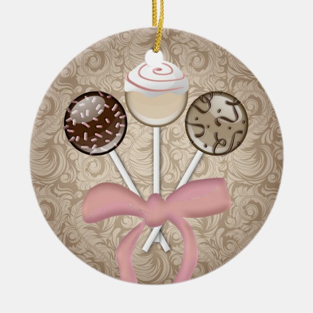 Eleganter Cocoa Damask Cake Pop Keramikornament (Vorne)