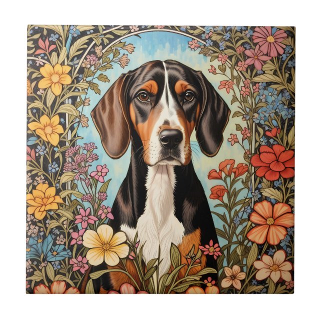 Eleganter Coonhound Buntes Blumenmuster Fliese (Vorderseite)