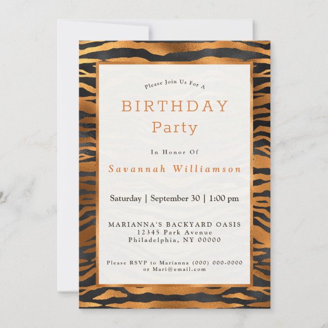 Eleganter Copper Black Tiger Print Geburtstag Einladung (Vorderseite)