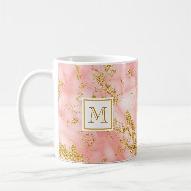 Eleganter Coral Marble Monogram Imitate Gold Glitz Kaffeetasse (Links)