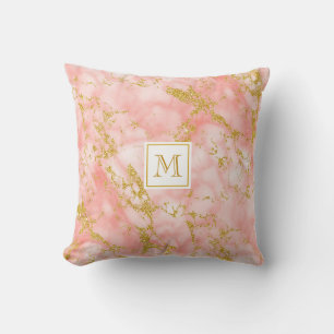 Eleganter Coral Marble Monogram Imitate Gold Glitz Kissen