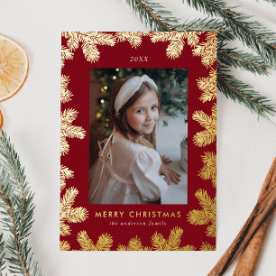 Eleganter Cranberry- und Gold-Tannen-Rahmen-Foto Folien Feiertagskarte