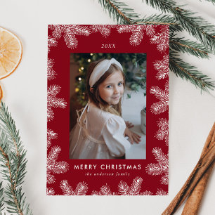 Eleganter Cranberry- und Weißkiefern-Fotorahmen Feiertagskarte