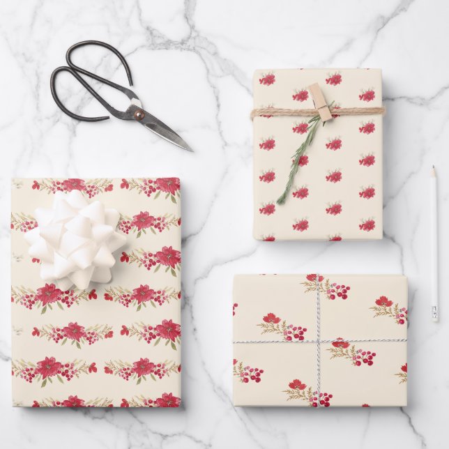 Eleganter Cream Christmas Roter Botanischer Feiert Geschenkpapier Set (Vorderseite)