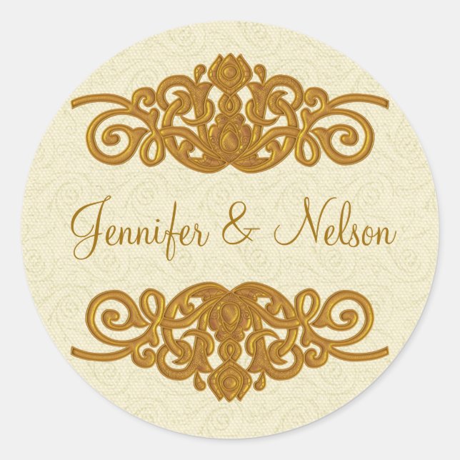 Eleganter Cream & Gold Tone Wedding Umschlag Aufkl Runder Aufkleber (Vorderseite)