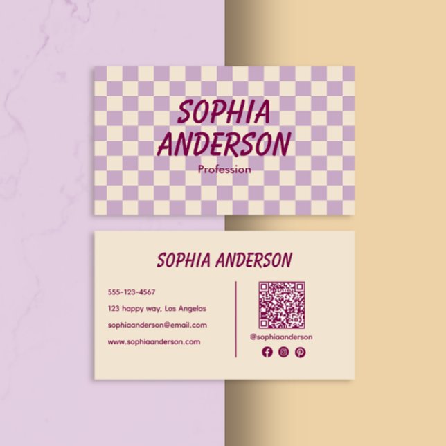 Eleganter Cream und Lila Checkered - Qr Code Visitenkarte (Von Creator hochgeladen)