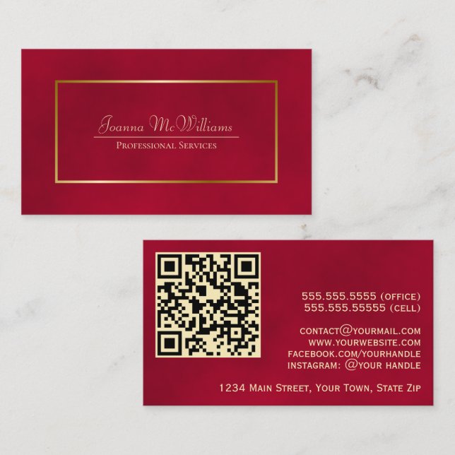 Eleganter Crimson Red & Gold Beruflich QR Code Visitenkarte (Vorne/Hinten)