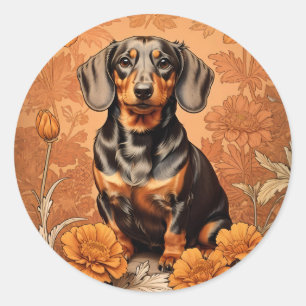 Eleganter Dachshund und Ringelblumen   Runder Aufkleber