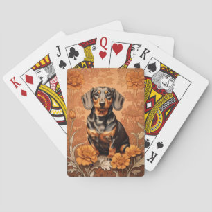 Eleganter Dachshund und Ringelblumen   Spielkarten