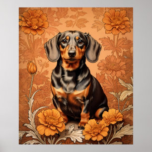 Eleganter Dachshund und Tagetes Poster