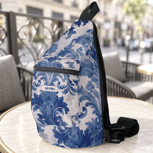 Eleganter Damast Blau Toile de Jouy Monogramm Crossbody Bag