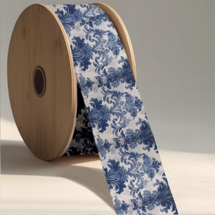 Eleganter Damast Blau Toile de Jouy Monogramm Ripsband