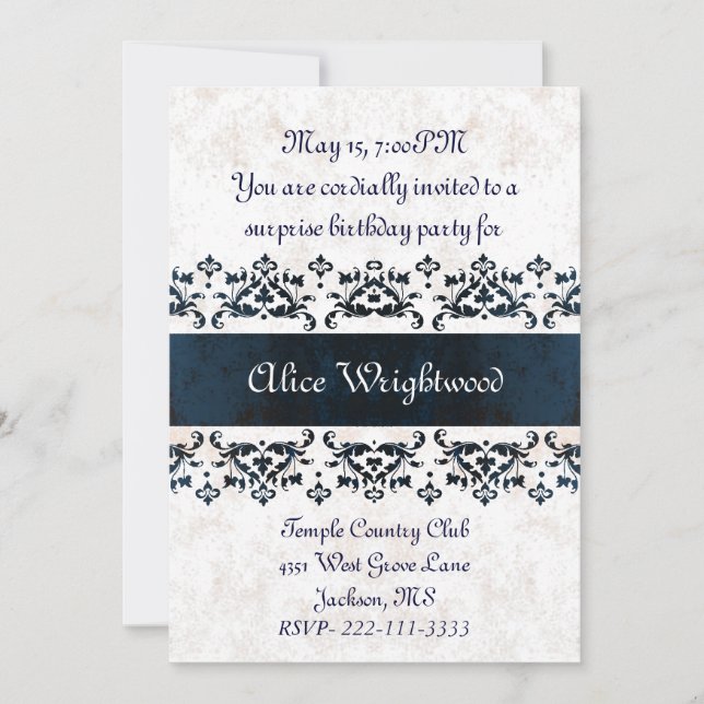 Eleganter Damast der Marine Ladys Birthday Einladu Einladung (Vorderseite)