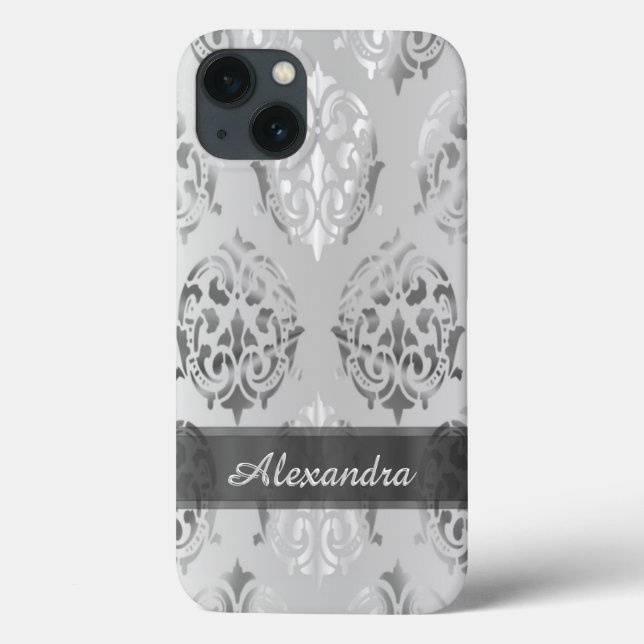 Eleganter Damast des silbernen Graus des Case-Mate iPhone Hülle (Rückseite)