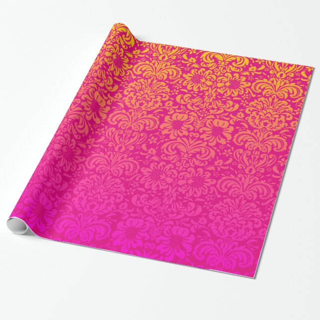 Eleganter Damast (Pink und Orange) Geschenkpapier (Ungerollt)