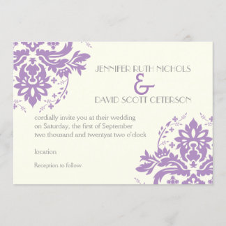 Eleganter Damastlavender, grau, Elfenbeinhochzeit Einladung