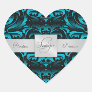 Eleganter Dark Aquamarin Damask Heart Wedding Stic Herz-Aufkleber