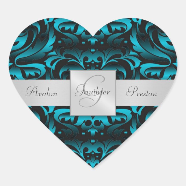 Eleganter Dark Aquamarin Damask Heart Wedding Stic Herz-Aufkleber (Vorderseite)