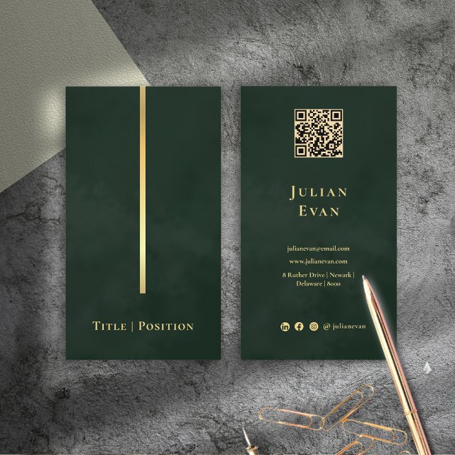 Eleganter Dark Emerald Green & Gold Qr Code Visitenkarte (Elegant Dark Emerald Green & Gold Qr code Business Card)