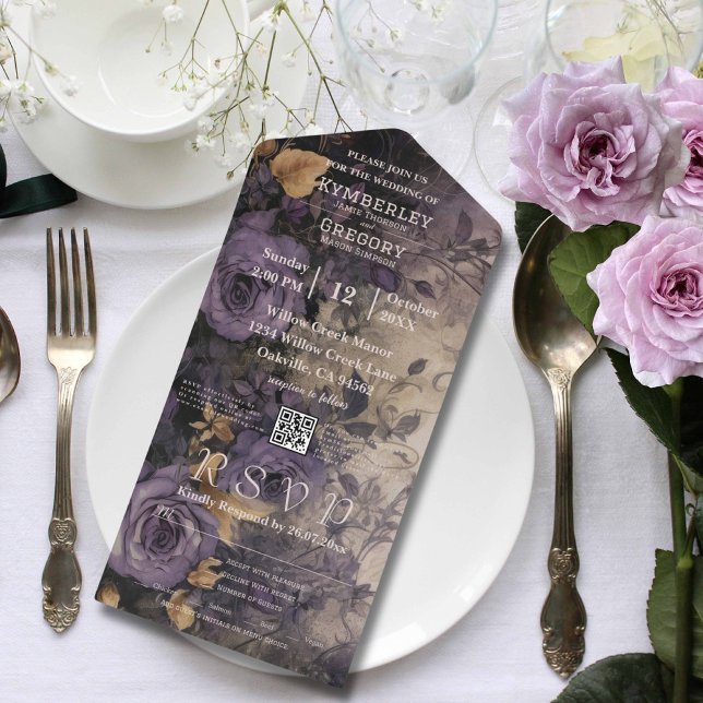 Eleganter Dark Gothic Lila Rose QR Code All In One Einladung (Von Creator hochgeladen)