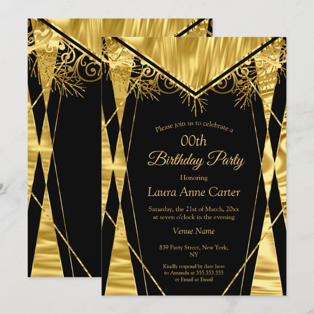Eleganter Deko Black Gold Imitate Foil Birthday Pa Einladung (Vorne/Hinten)