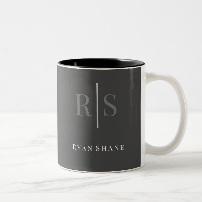 Eleganter DIY Gray Monogram & White Name, dunkelgr Zweifarbige Tasse (Rechts)