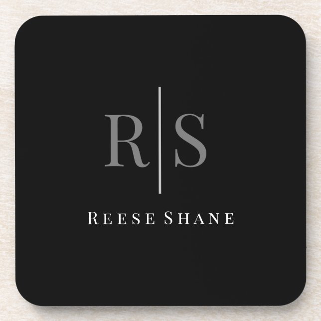 Eleganter DIY Gray Monogram & White Name, Schwarz Getränkeuntersetzer (Vorderseite)