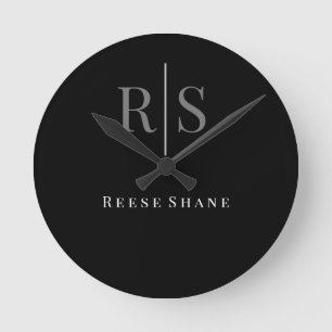 Eleganter DIY Gray Monogram & White Name, Schwarz Runde Wanduhr