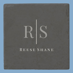 Eleganter DIY Gray Monogram & White Name, Schwarz Steinuntersetzer