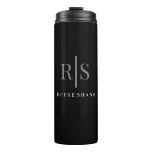 Eleganter DIY Gray Monogram & White Name, Schwarz Thermosbecher