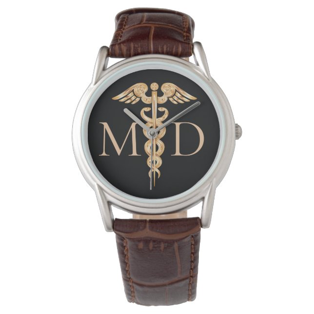 Eleganter Doctor Caduceus Symbol Black Brown Leath Armbanduhr (Vorderseite)
