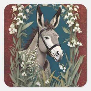 Eleganter Donkey und Lily The Valley Blume Quadratischer Aufkleber